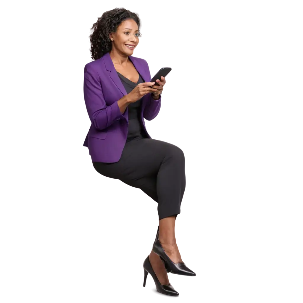 MiddleAged-Brazilian-Black-Woman-Lawyer-in-Purple-Black-Outfit-Smiling-with-Smartphone-PNG-Image-for-Professional-Futuristic-Visuals