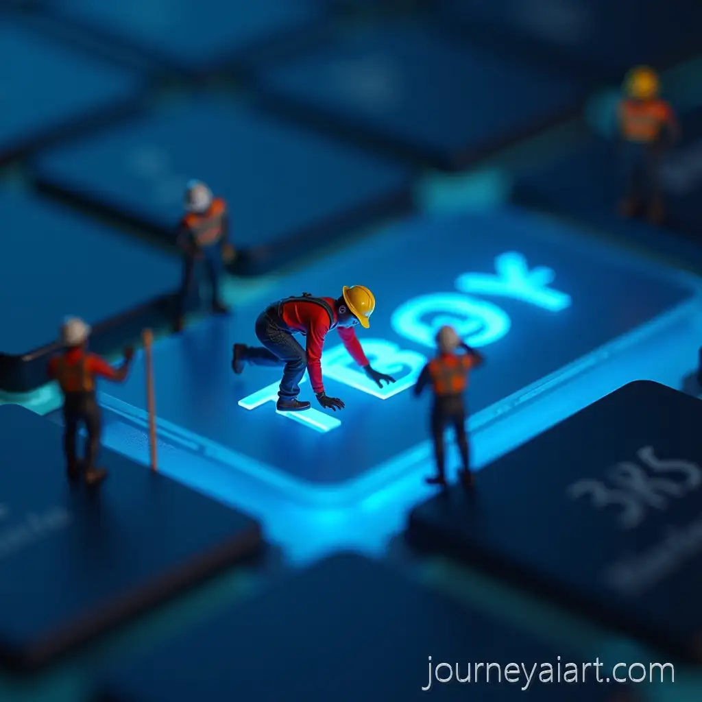 Miniature-Construction-Workers-Exploring-Glowing-Computer-Keyboard-in-3D-Photorealistic-Scene