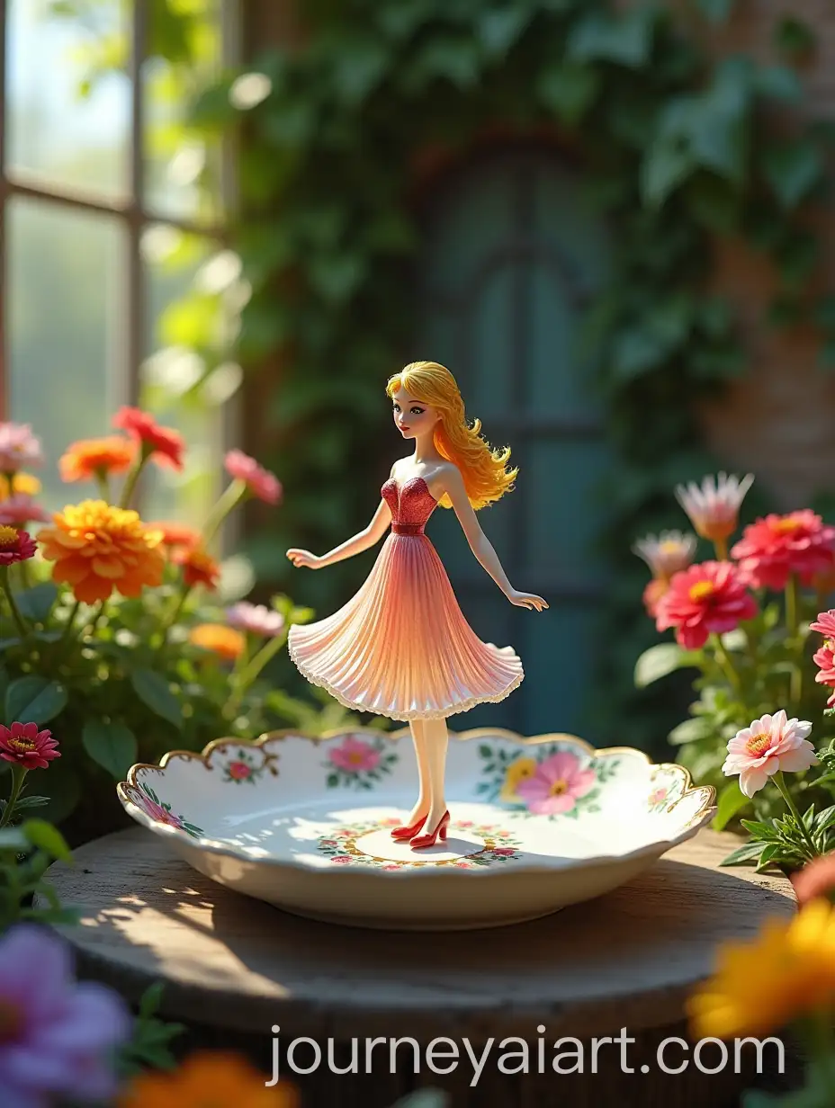 Enchanting-Glass-Girl-Twirling-on-Painted-Porcelain-Plate-in-FairyTale-Garden