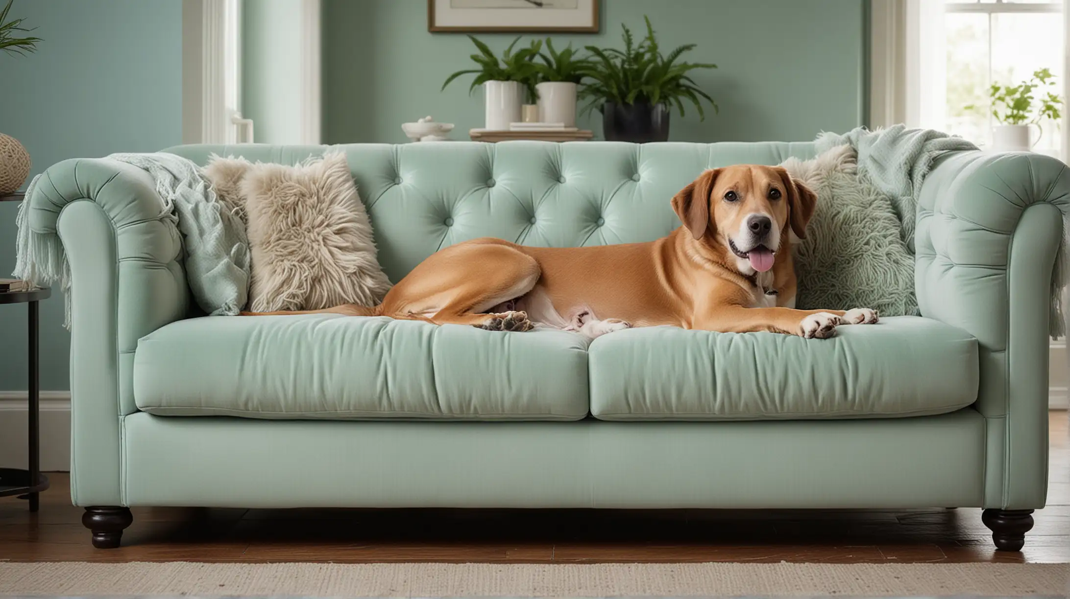 Luxurious Living Relaxed Dog on Stylish Couch with Toy