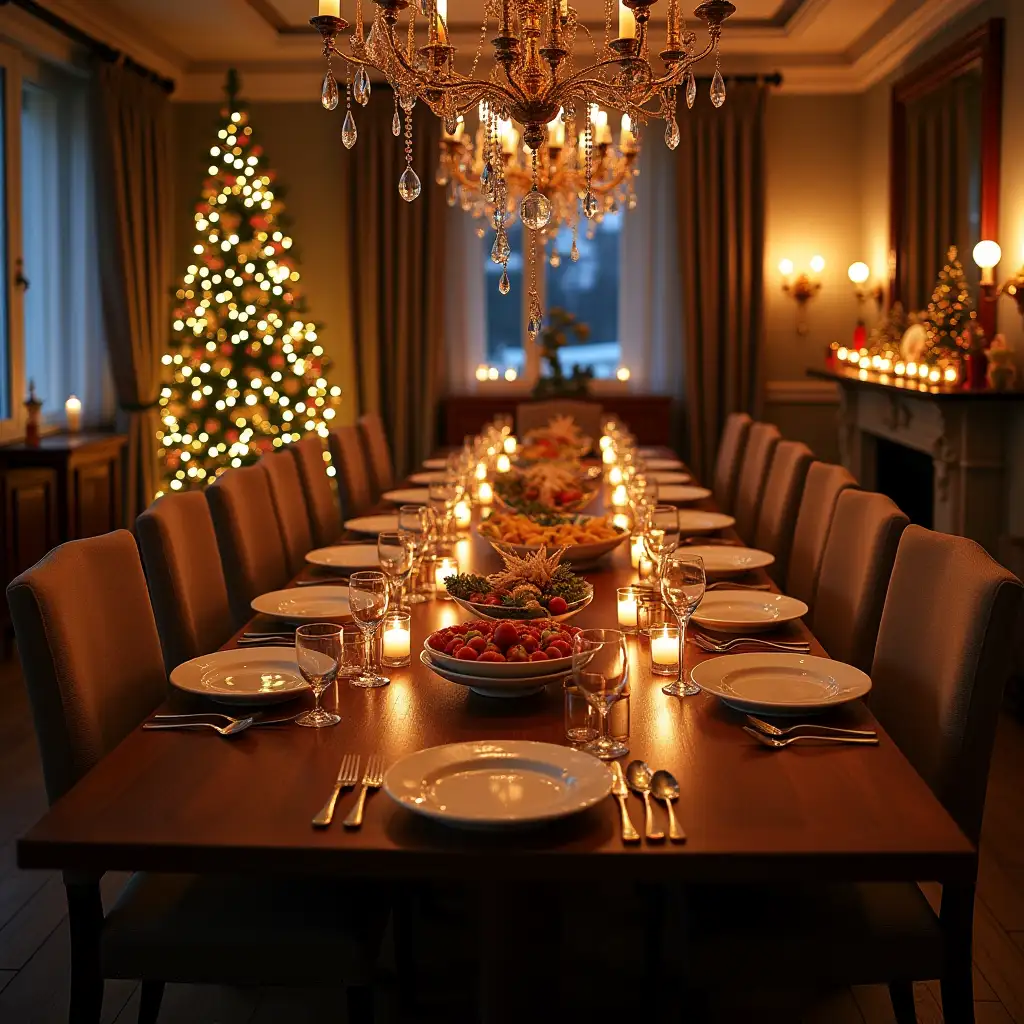 New Year's table for 16 persons with chairs, served with dishes and food, in a large room, decorated for the New Year, New Year's beautiful decorated with Christmas tree toys