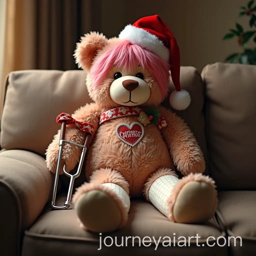 Teddy-Bear-with-Pink-Hair-and-Christmas-Hat-on-Sofa-with-Crutches-and-Leg-Cast