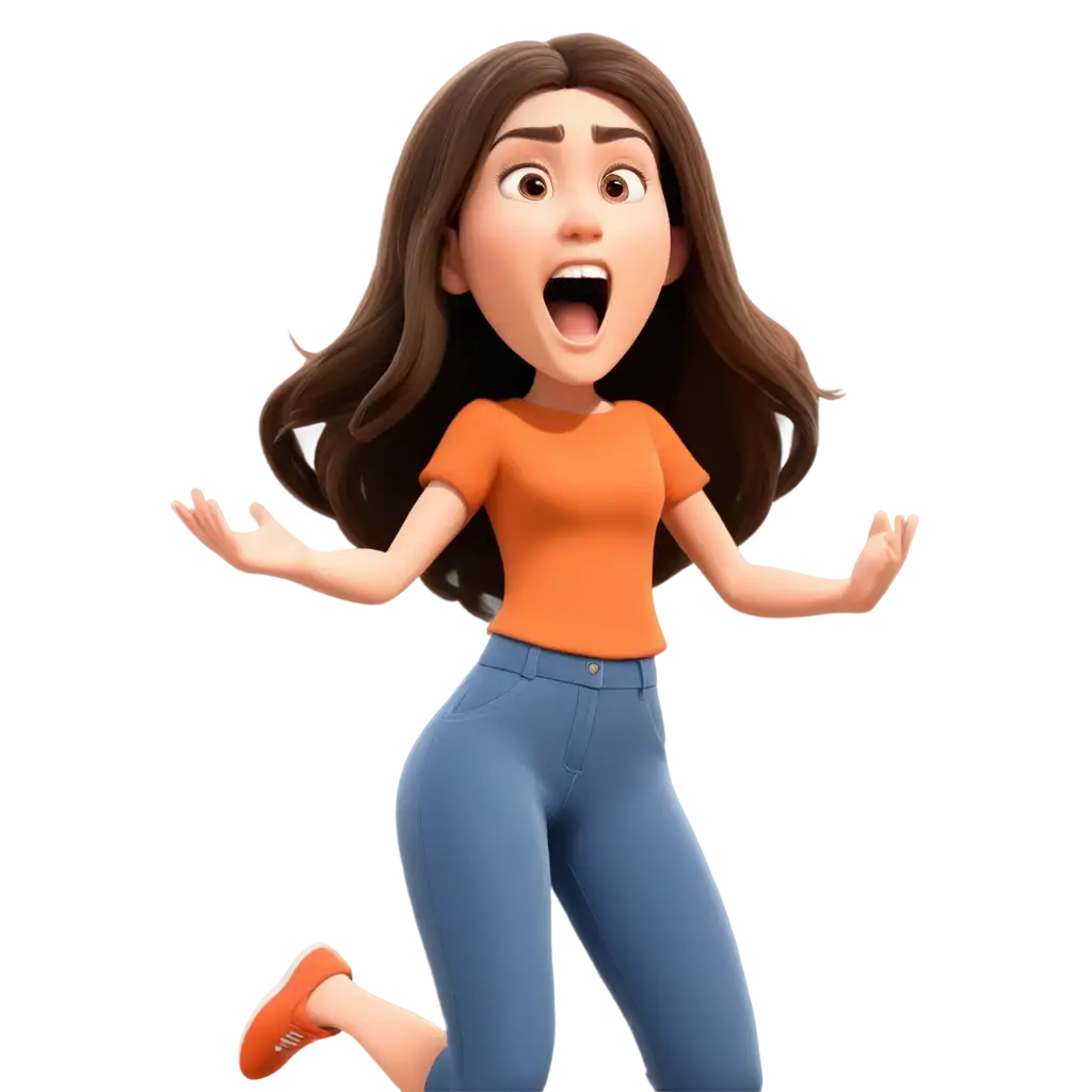 Animated-Cartoon-of-CollegeAge-Girl-with-Brown-Hair-and-Orange-Top-Screaming-PNG-Image