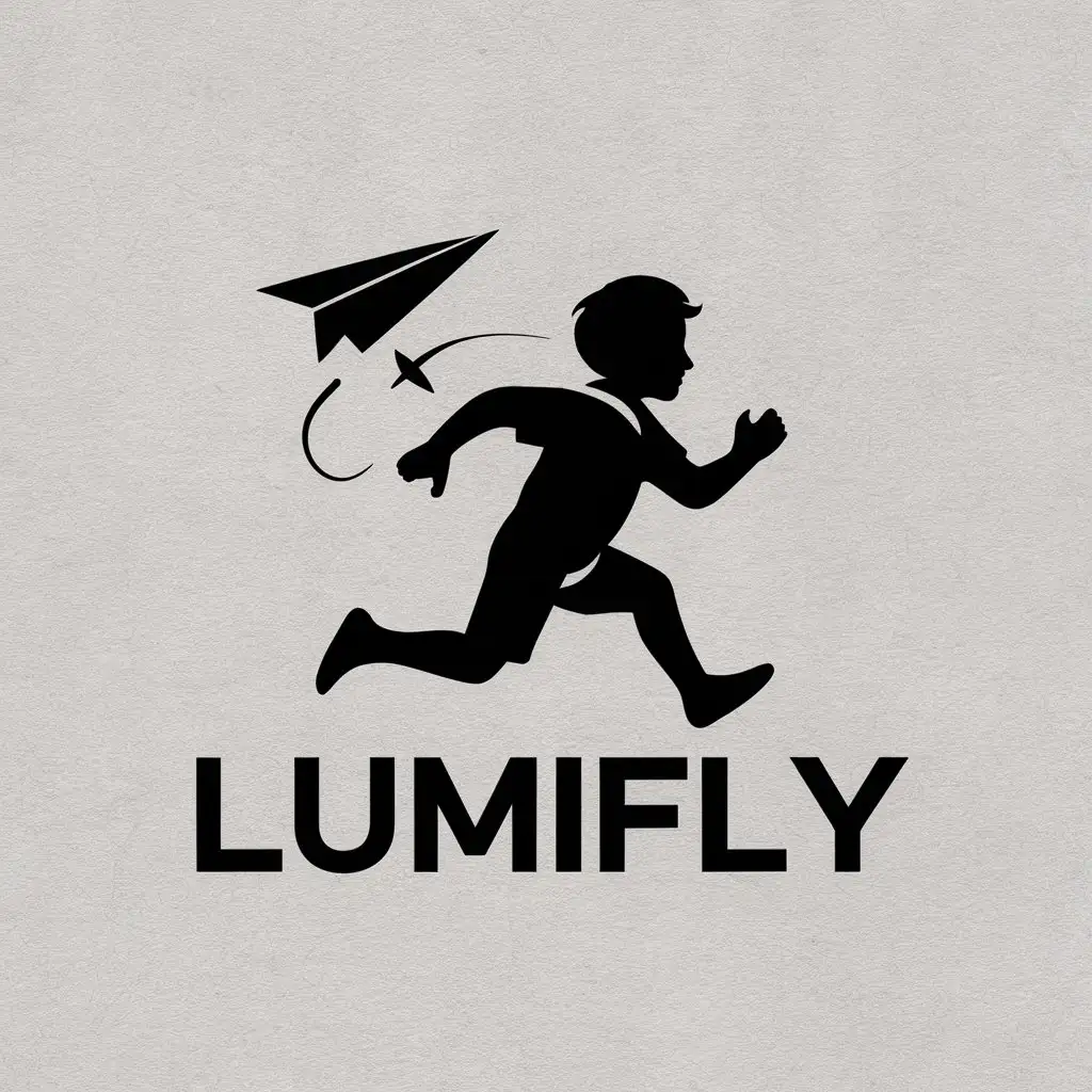 a vector logo design,with the text "Lumifly", main symbol:boy running with Paper airplane in hand,complex,clear background