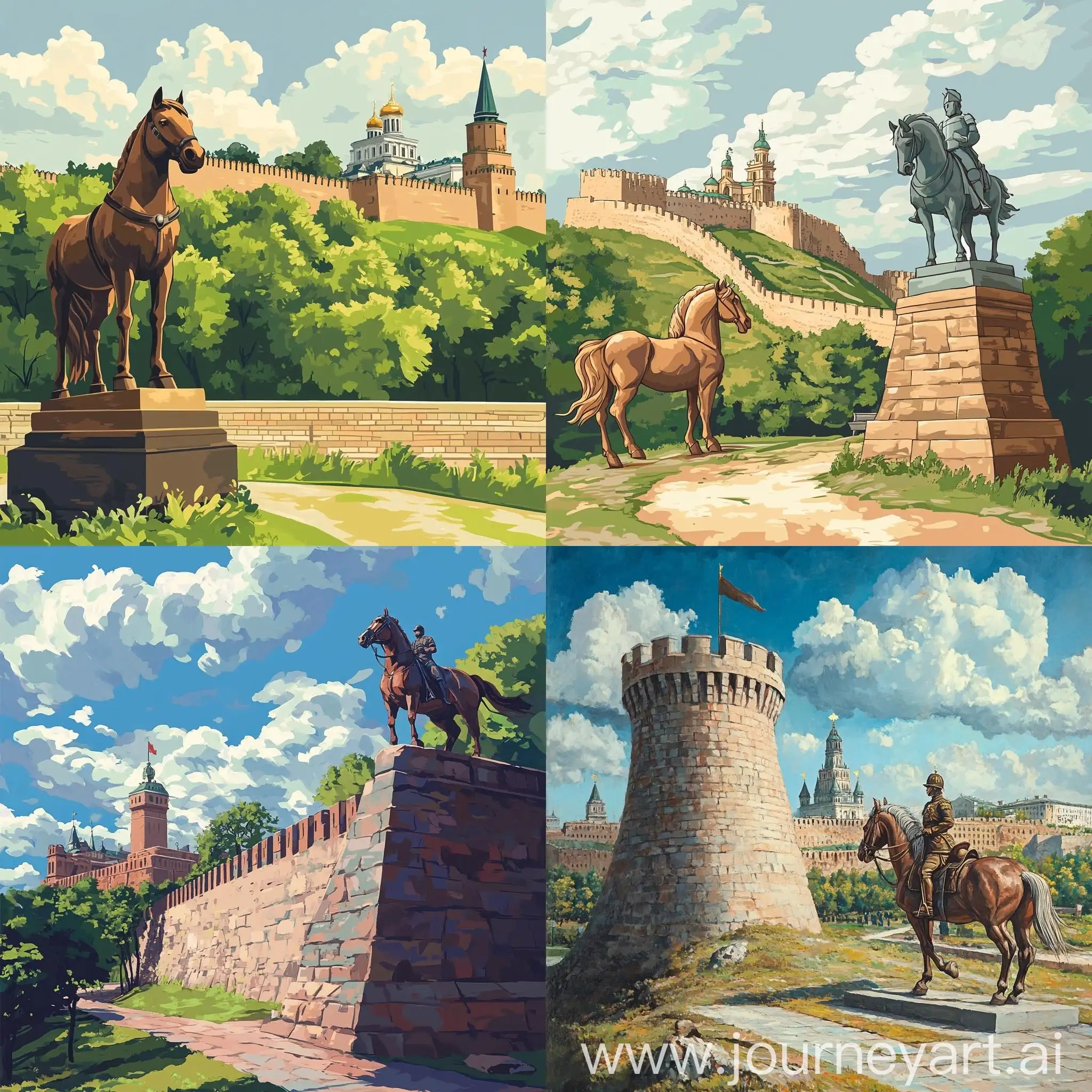 Soviet-Cartoon-Style-Smolensk-Fortress-Wall-with-Gromovaya-Tower-and-Monument-to-Fyodor-Horse