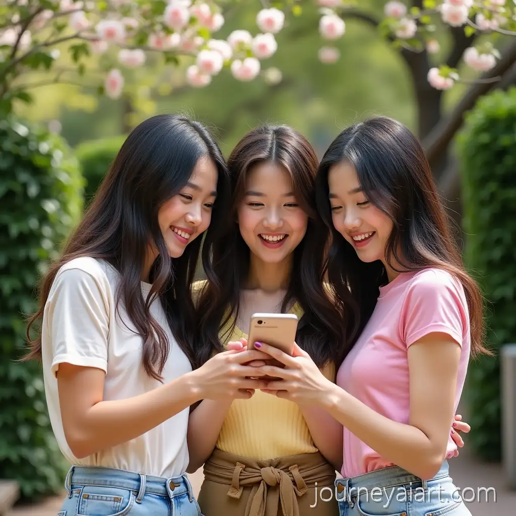 Three-Young-Asian-Girls-Enjoying-Summer-in-University-Courtyard