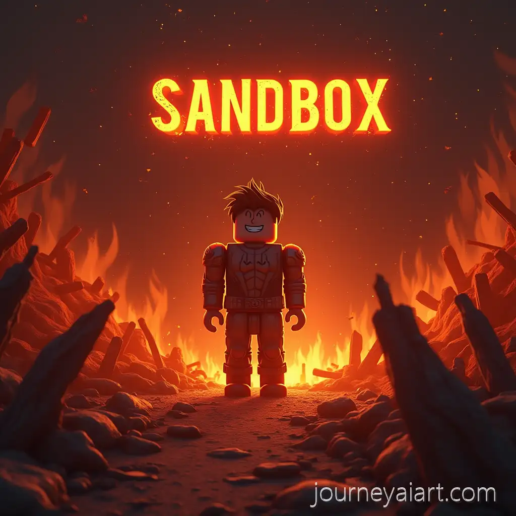 Roblox-Noob-SurSandbox-destruction-scenerounded-by-Fire-and-Destruction-with-SANDBOX-Inscription