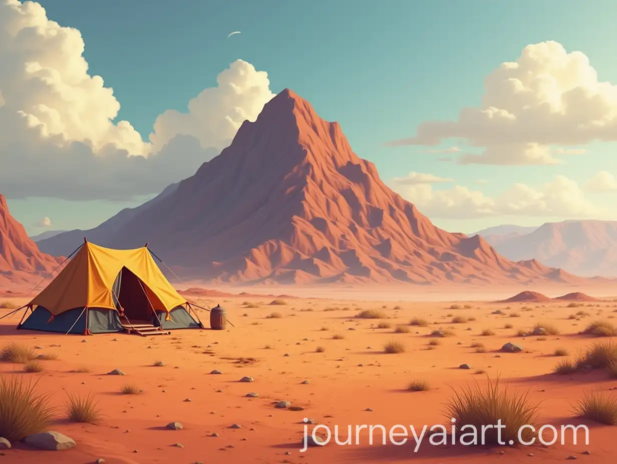 Campsite-on-a-Hot-and-Dry-Planet-with-Mountain-Background