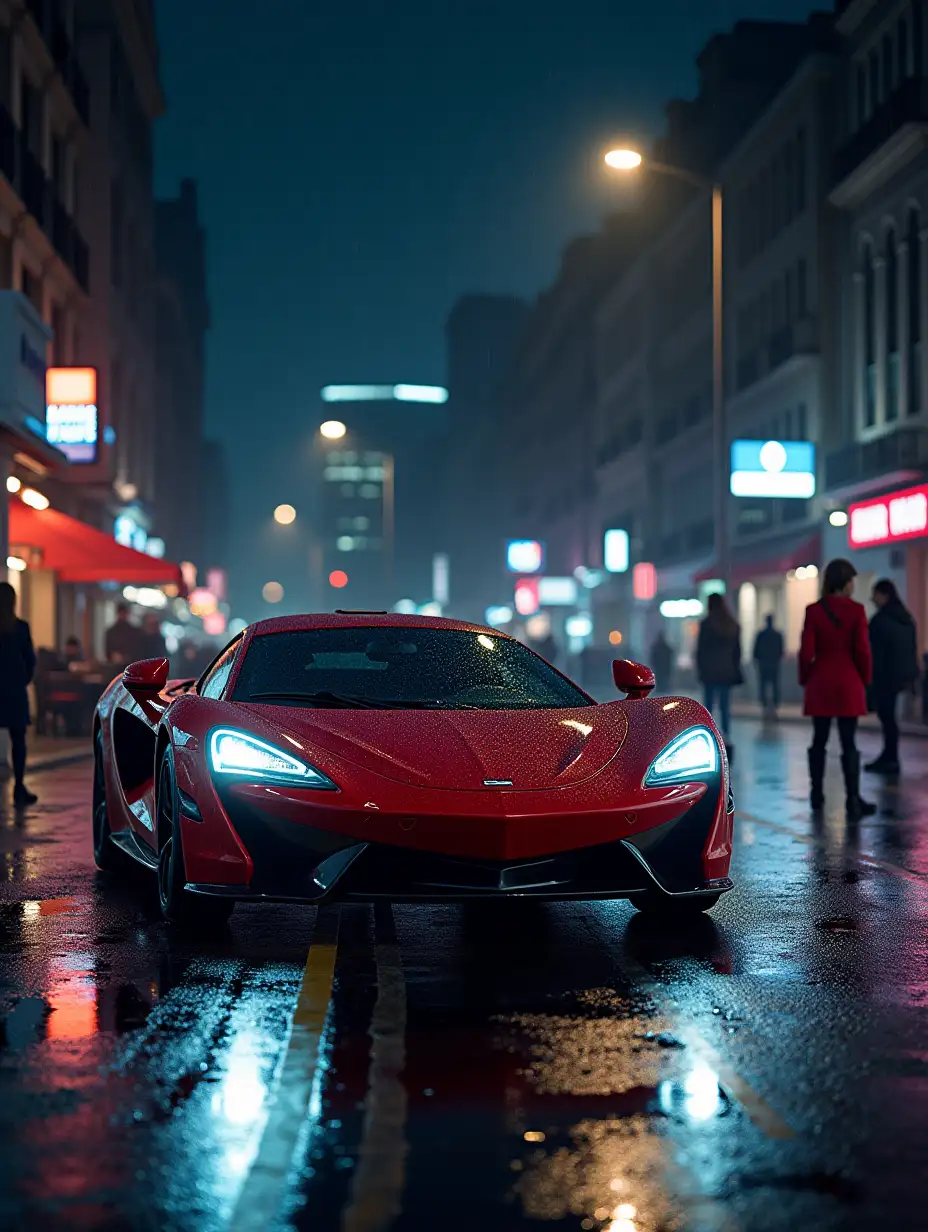 Nighttime-Cityscape-with-Red-Sports-Car-and-Street-Scene