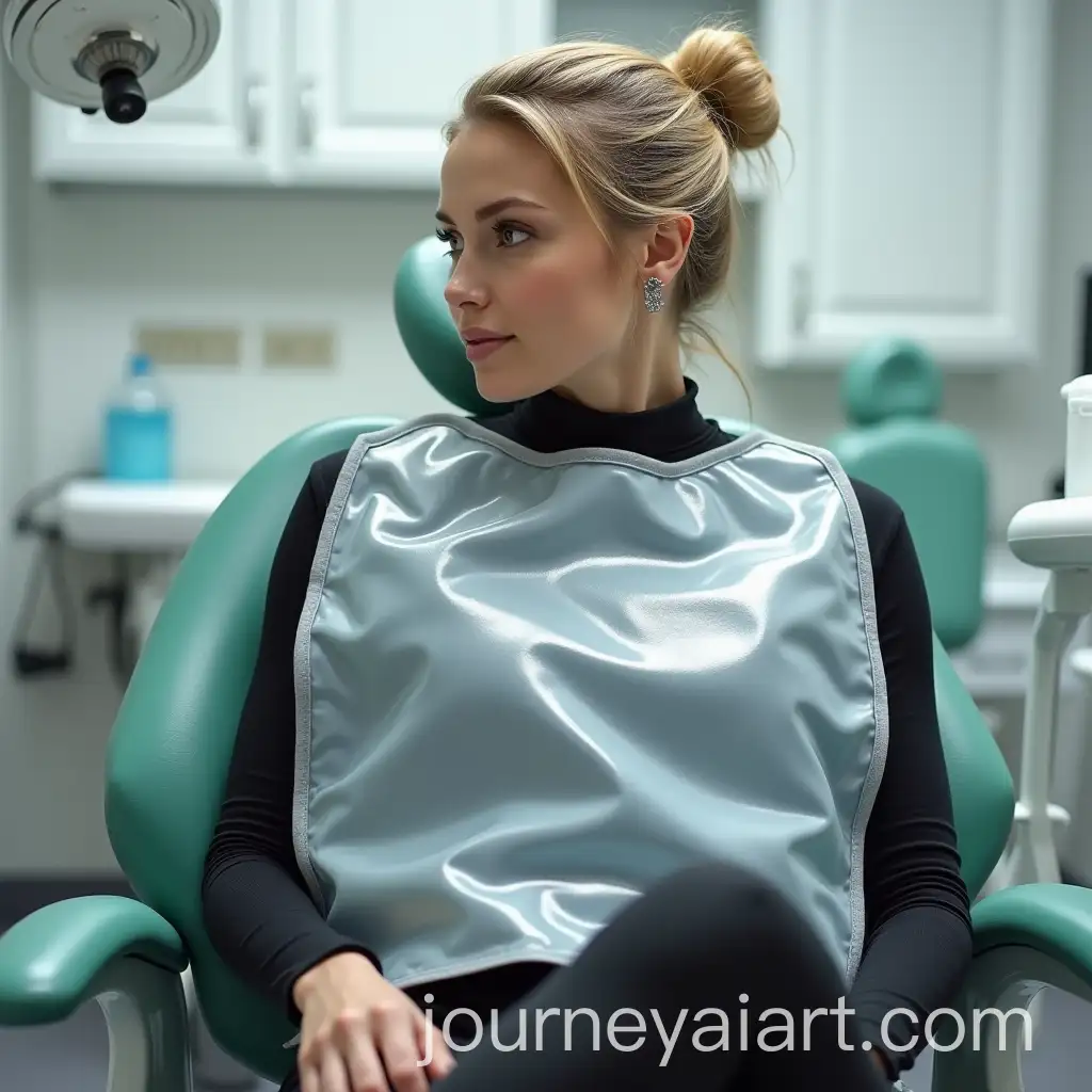 Woman-in-Dental-Clinic-Wearing-Transparent-PVC-Mealtime-Bib-in-Dentist-Chair