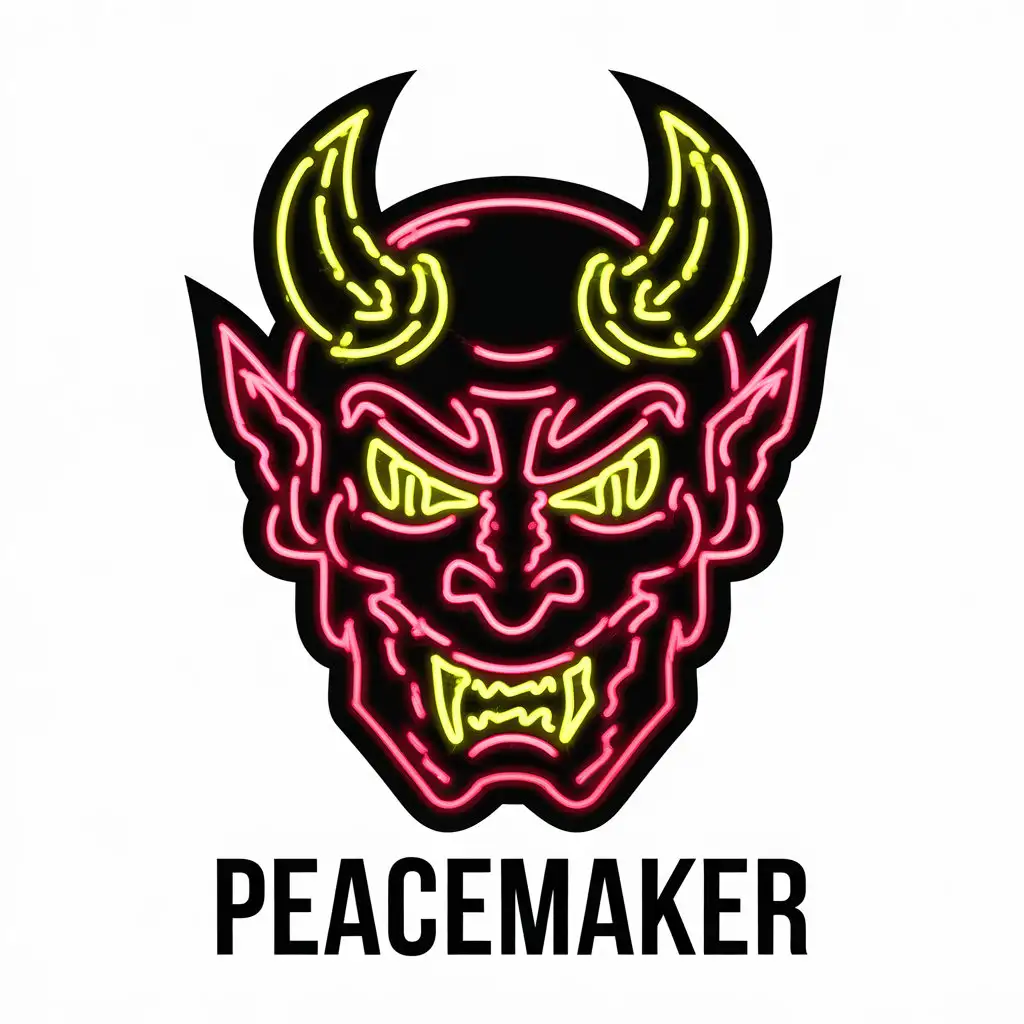 LOGO Design for Peacemaker Red Neon Demon with Gothic Yellow Eyes on Clear Background