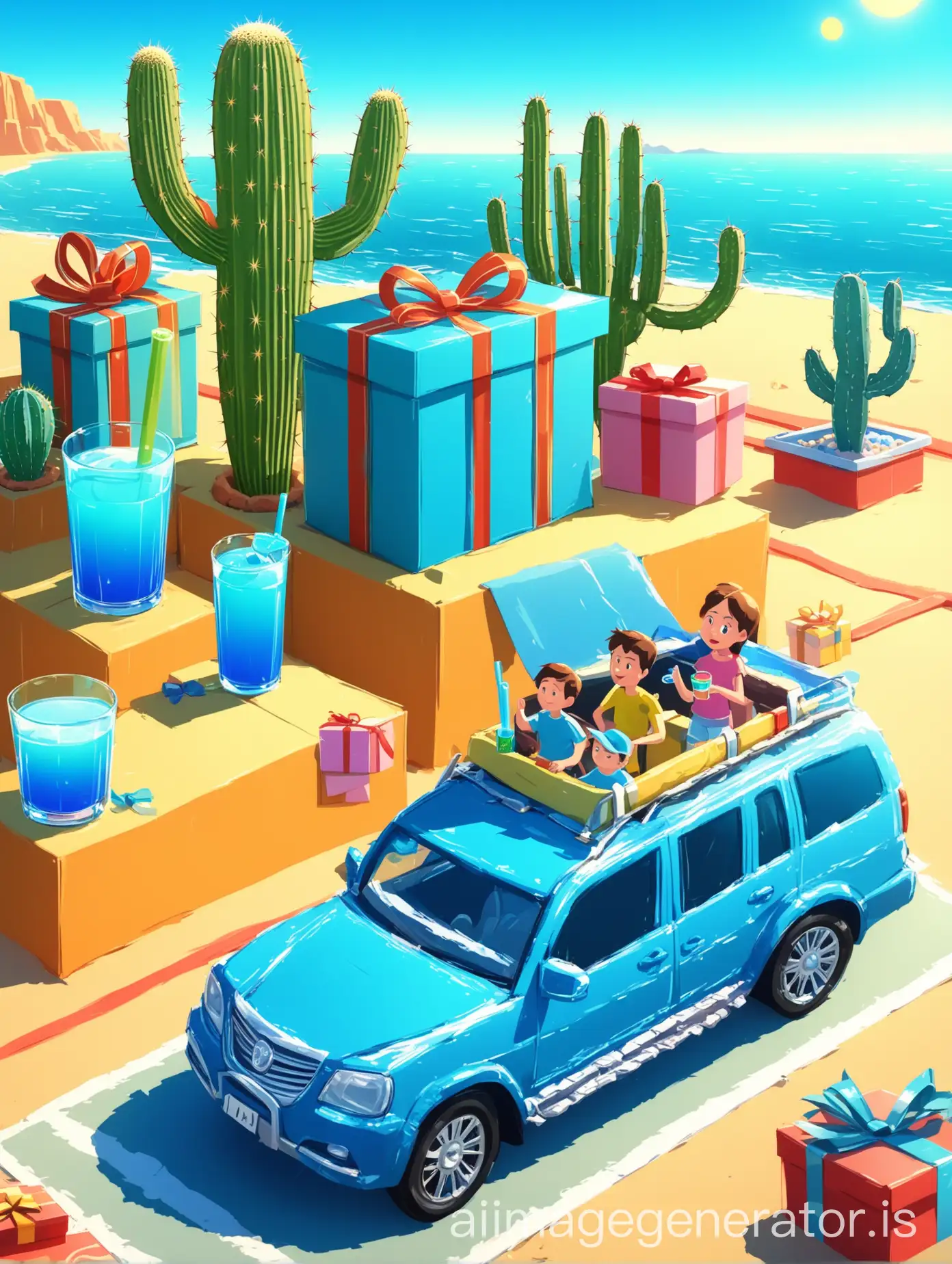 Family-Vacation-with-Beach-and-Blue-Drink-in-Cartoon-Style