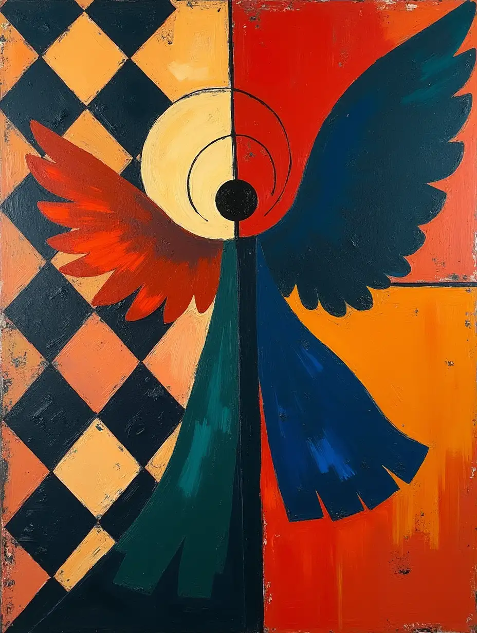 user_prompt: A checkerboard pattern, a striped style, primitive schematically, an angel silhouette in the style of Kandinsky, Malevich, minimalism, simplified for a beginner artist with acrylics many colors, constructivism abstractism, gloomily