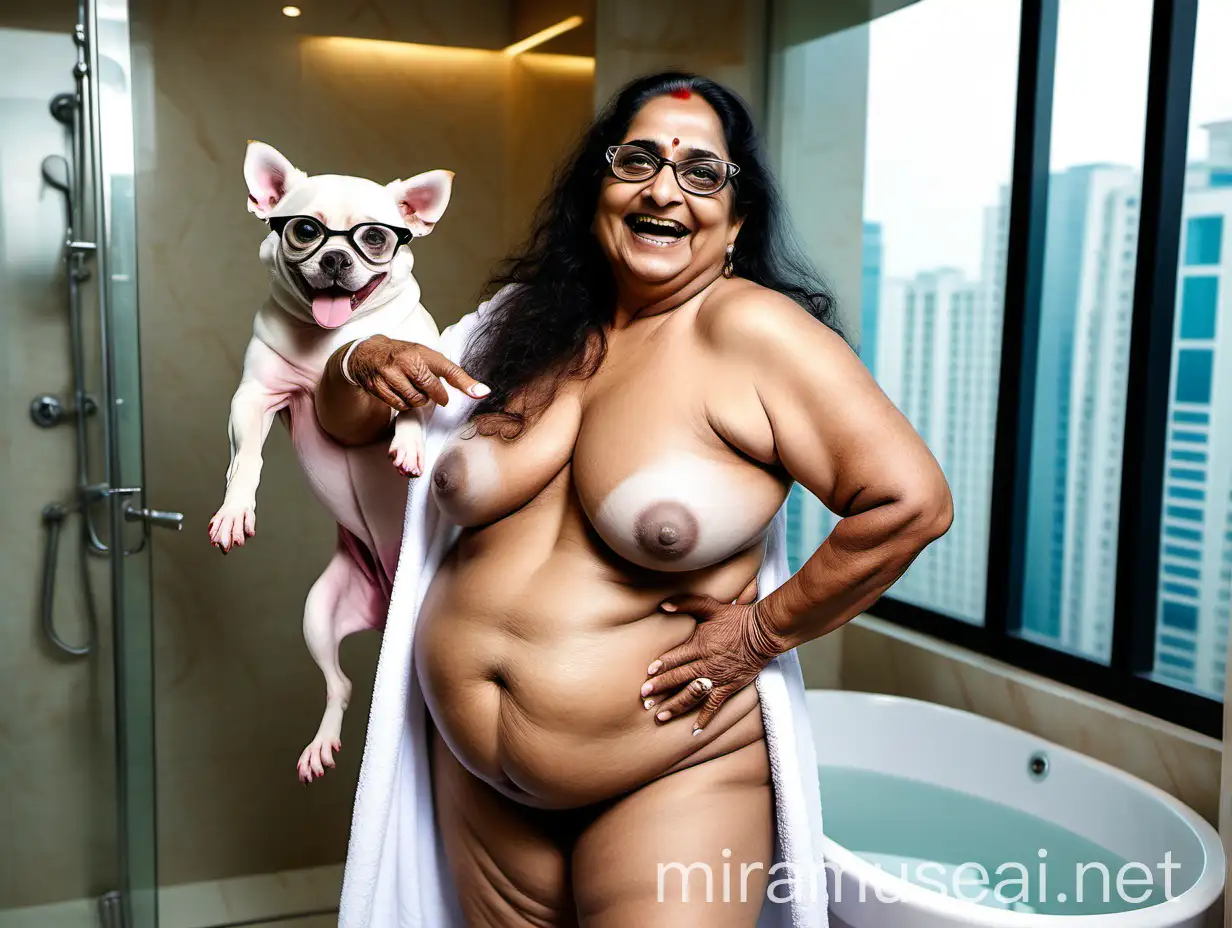 Happy Punjabi Mature Woman with Dog in Luxurious Building