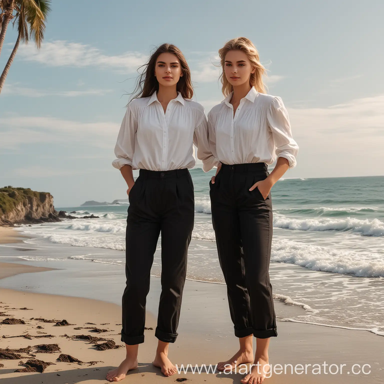 Two-Girls-in-White-Blouse-and-Black-Classic-Pants-by-the-Beach