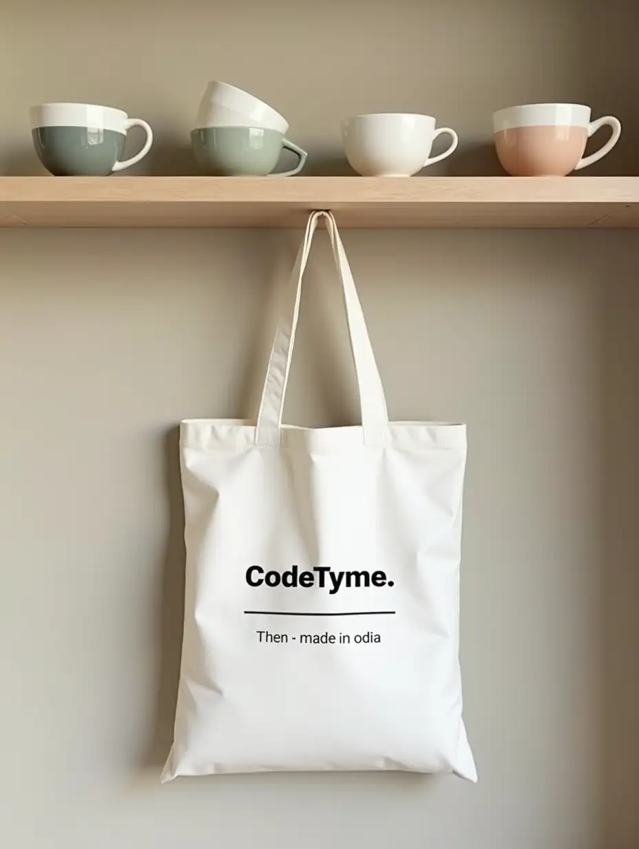 Minimal aesthetic white tote bag hanging from a tea cup shelve, filled with some Indian tea cups, ceramic, modern Asian, muted light colors. The white tote bag has labels 'CodeTyme.' and text 'Made in India offshore software development company'