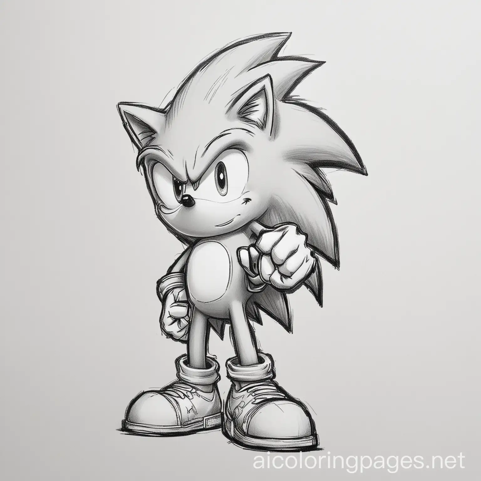 sonic the hedgehog, Coloring Page, black and white, line art, white background, Simplicity, Ample White Space. The background of the coloring page is plain white to make it easy for young children to color within the lines. The outlines of all the subjects are easy to distinguish, making it simple for kids to color without too much difficulty