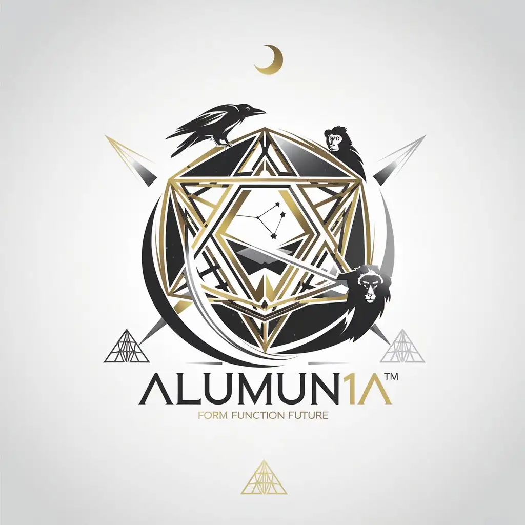 LOGO Design for Alumun1a Nexus of Innovation in Music Imaging Videography and Education with Gold Silver Geometry Raven and Lion Symbols