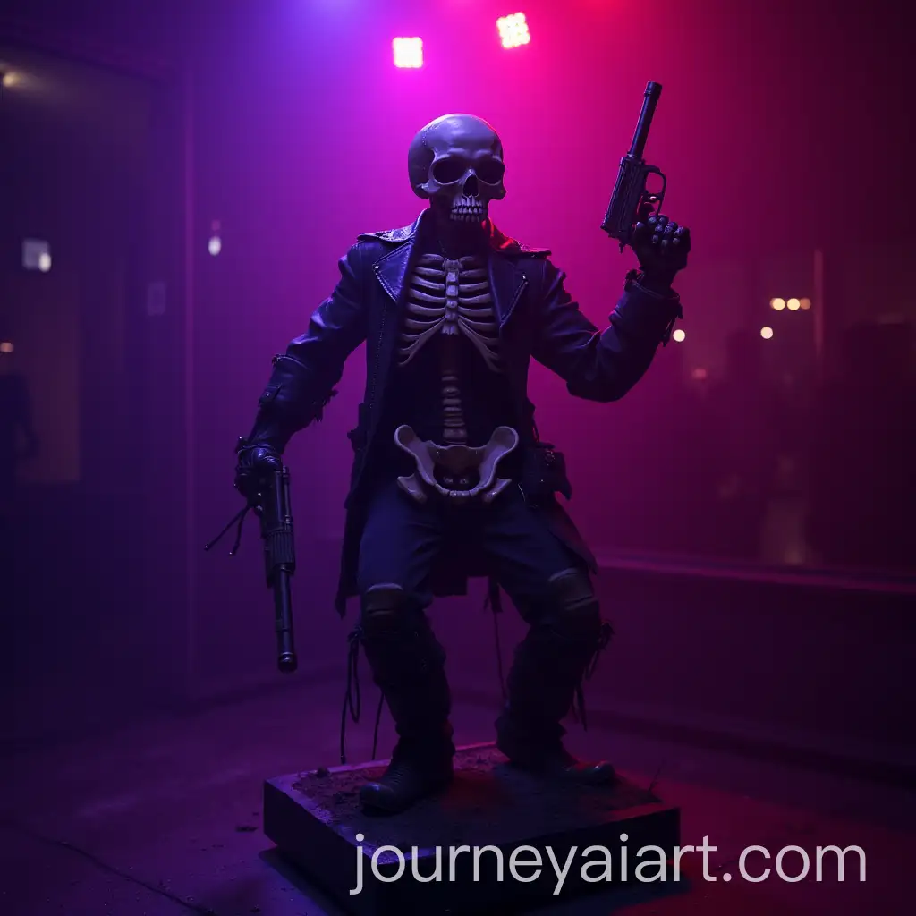 Dancing-Skull-with-Pistol-Against-Purple-Background-with-Red-Lights