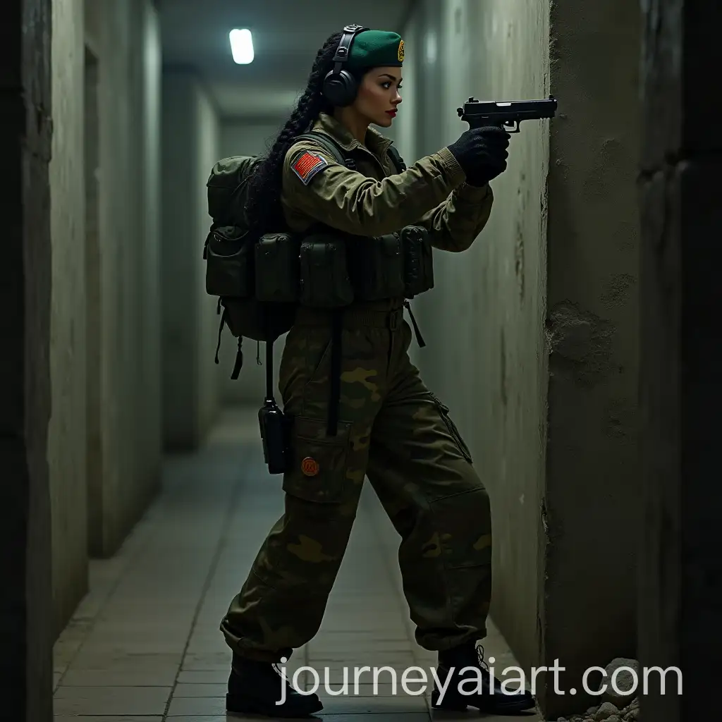 Russian-Military-Commander-in-Camouflage-Shooting-a-Pistol-in-a-Dungeon-at-Night