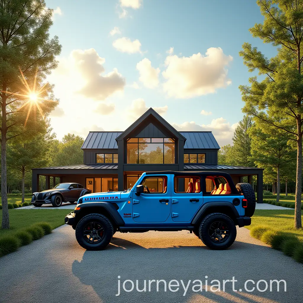 Luxury-Modern-Farmhouse-with-Jeep-Wrangler-and-CanAm-Ryker-in-Golden-Hour-Light