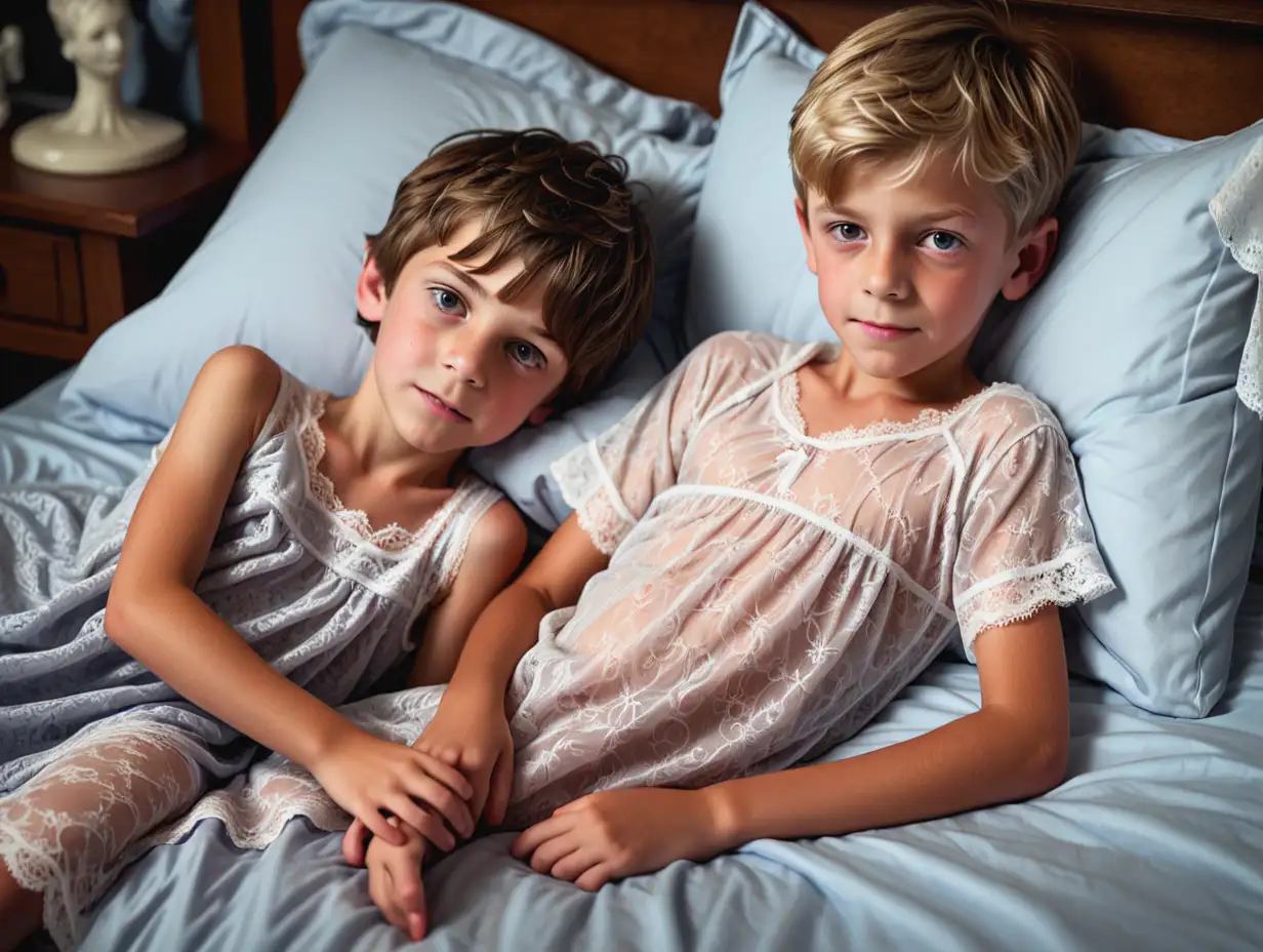 8YearOld-Boy-in-Lacy-Nightgown-Lying-in-Bed-with-Friend