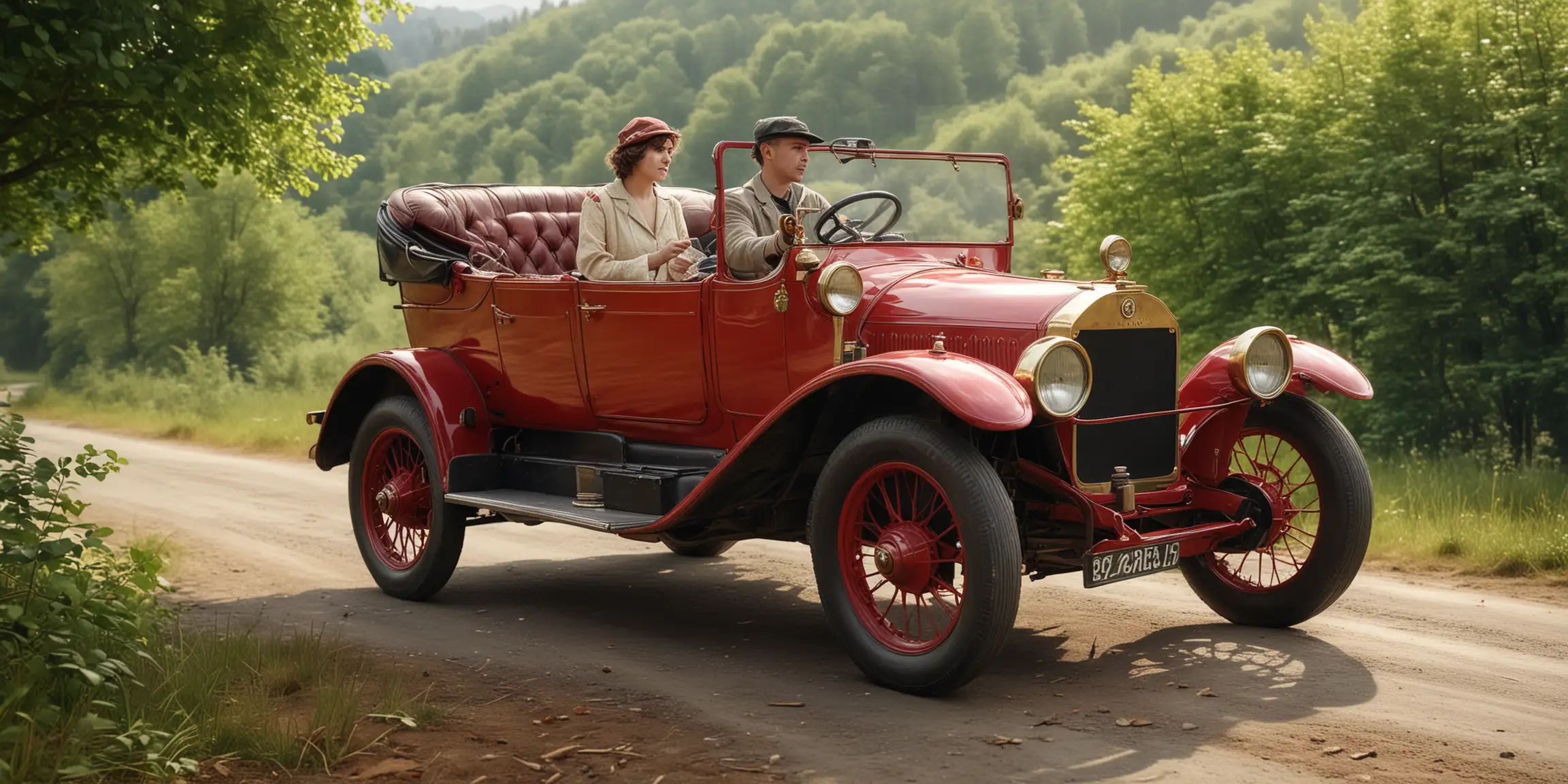 1920s Vintage Red Car with Travelers in Idyllic Green Landscape