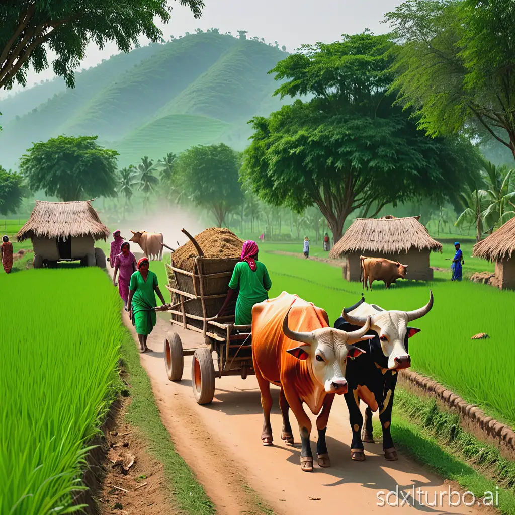 village life men and women working in green field  with bull cart along side path
