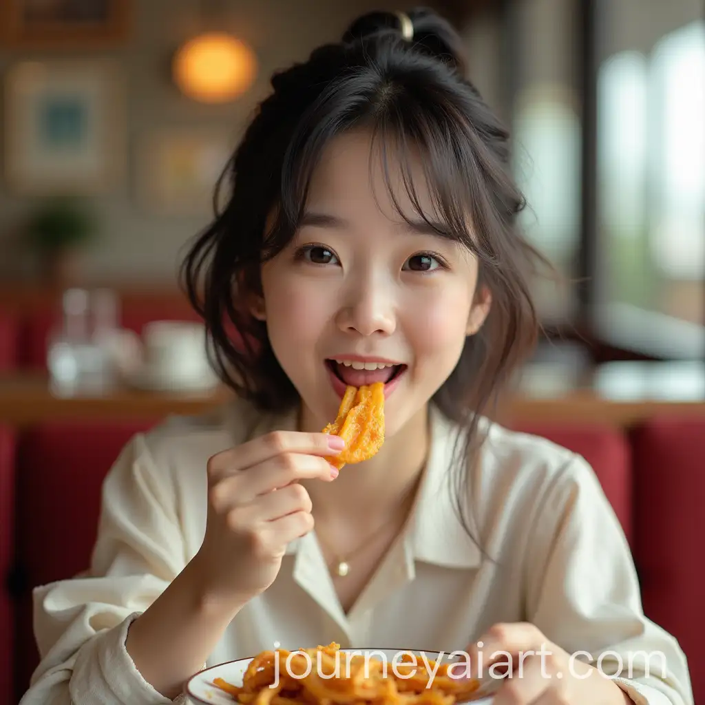 Cute-Chinese-Actress-with-Puffy-Cheeks-Enjoying-Meal-in-Restaurant