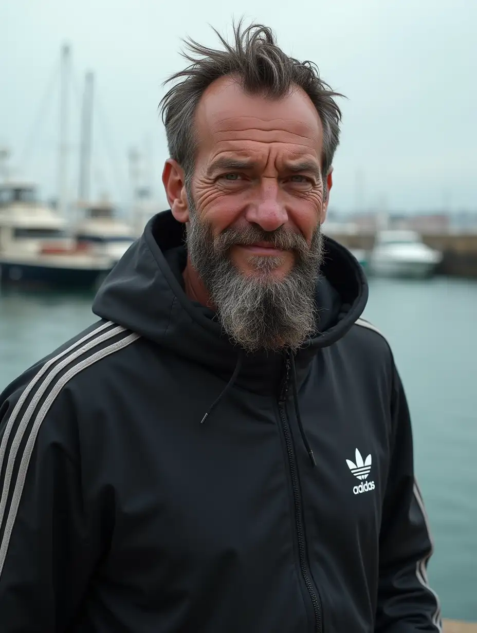 realistic close-up portrait of a tall mediterranean man in Adidas sportswear with the same facial features of Lurch from the Addams Family and Schwarzenegger, tall, scary, ugly and mean. He stands close to the sea in a harbour, he has dirty hair, rough beard and looks overall like a criminal.