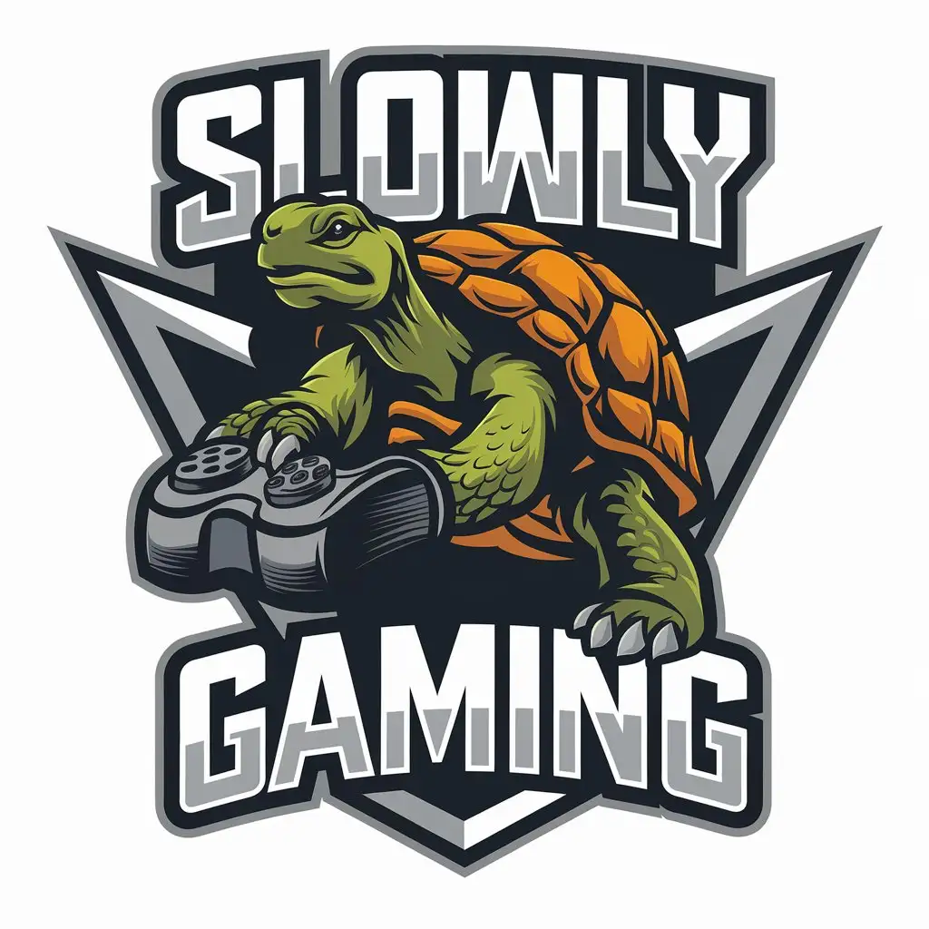 a vector logo design,with the text "Slowly Gaming", main symbol:Tortoise is playing video games,complex,be used in Entertainment industry,clear background