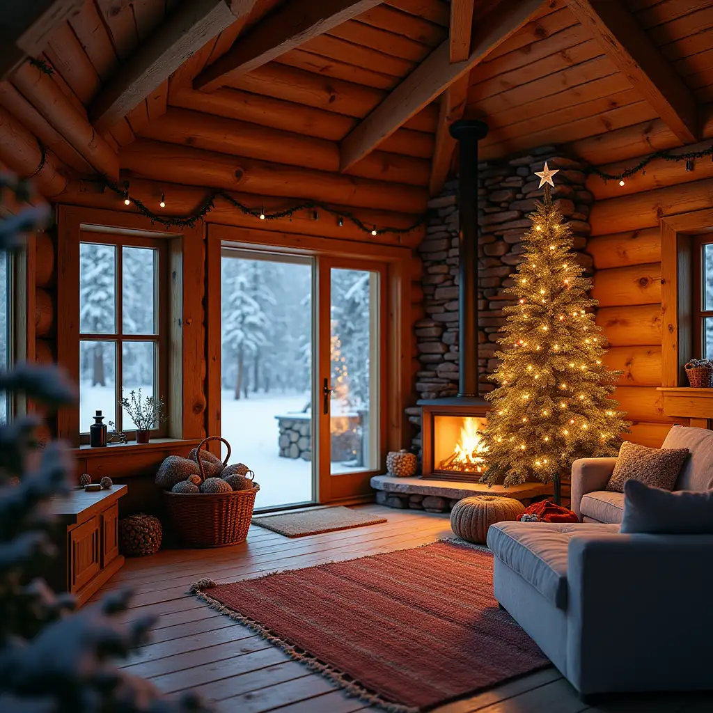 A cosy christmas log cabin with a christmas tree in the corner, a lit fireplace and snow coming down from outside.