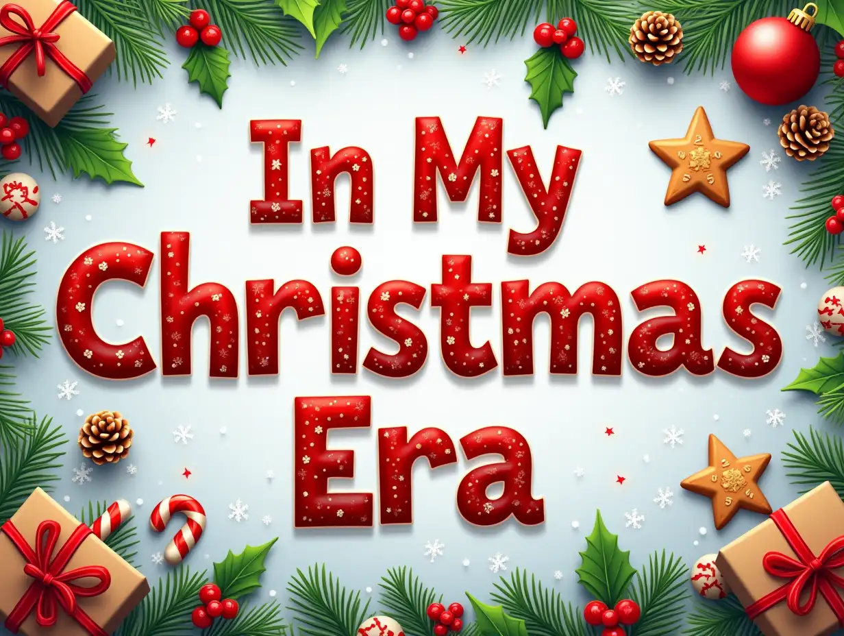 Create an image featuring a festive Christmas theme with a background of snowflakes and holly berries. Include elements such as pine cones, gingerbread cookies in various shapes, candy canes, and Christmas ornaments. The centerpiece should be bold text that reads “In My Christmas Era” with each letter styled individually to represent different aspects of the holiday season, such as wrapping paper patterns, holiday lights, or the texture of a Christmas sweater. The overall style should be detailed and vibrant to evoke a cheerful holiday spirit.