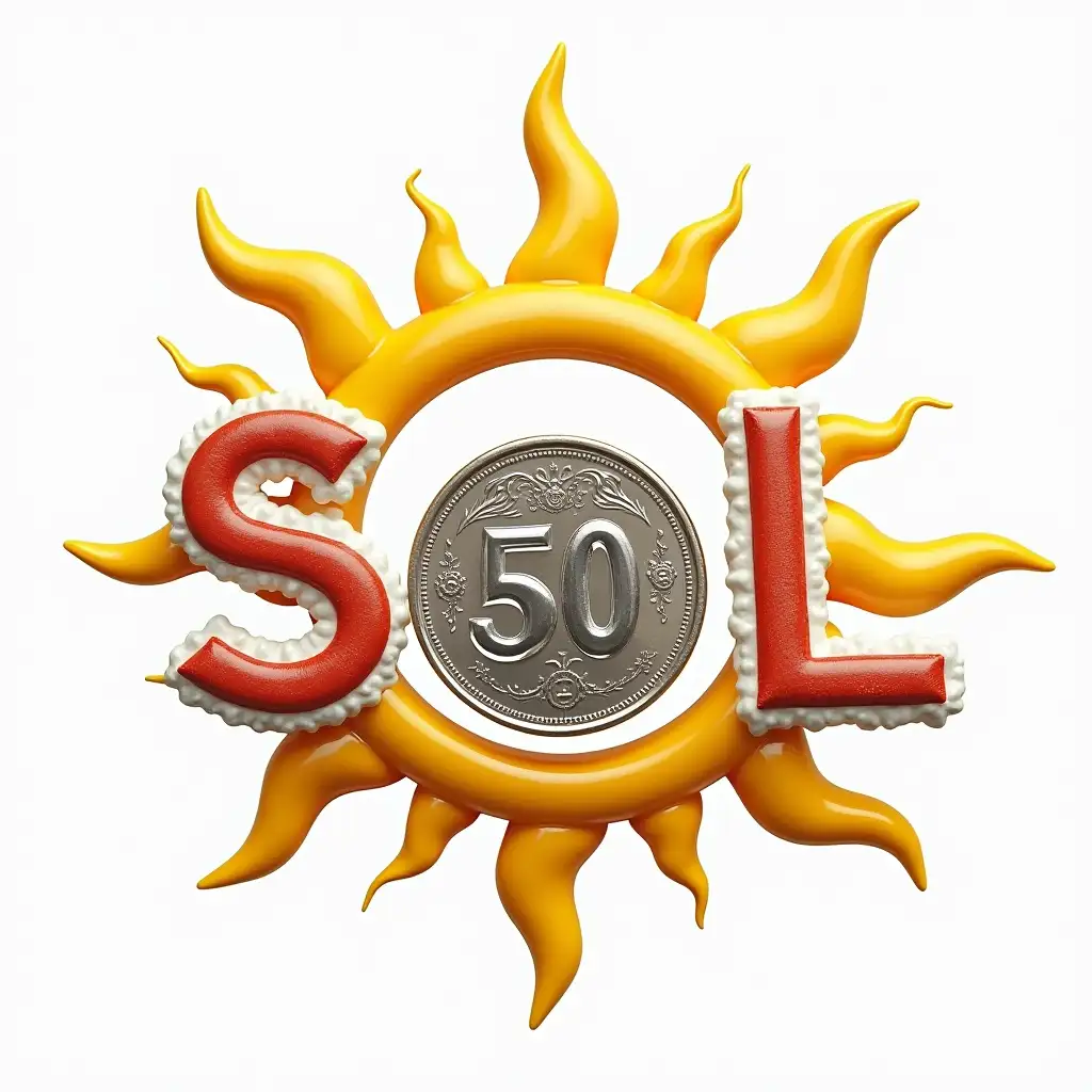 Mix the letters (SOL 50) in a sun and a coin of 50 cents and with a transparent background 