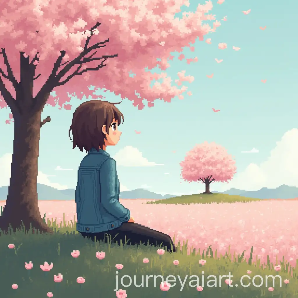 Contemplative-Girl-in-Denim-Jacket-Gazing-at-Sakura-Tree