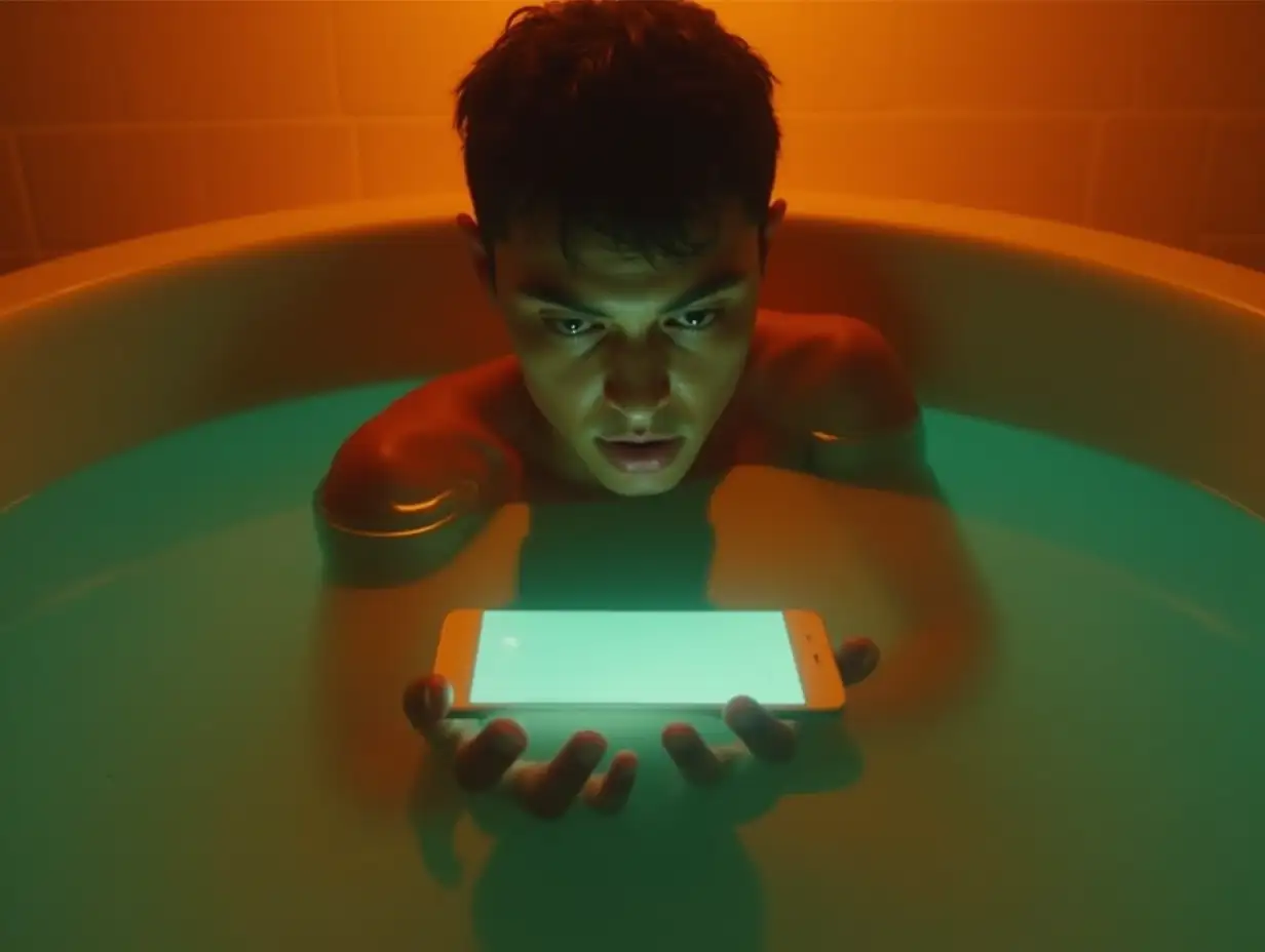 Cinematic surreal scene of a young man taking a bath into a mobile phone The surface of water looks like a mobile phone screen. The lighting is warm indoor. The color pallete is in orange and green