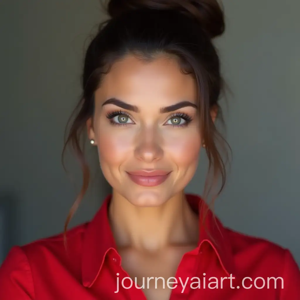 CloseUpAI-Image-Prompt-Expansion-Portrait-of-Latina-Woman-with-Brown-Bun-Hair-and-Gray-Eyes-in-Red-Formal-Shirt