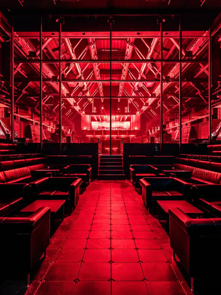 Empty Luxury Nightclub VIP Room with Red Lighting and Industrial Views