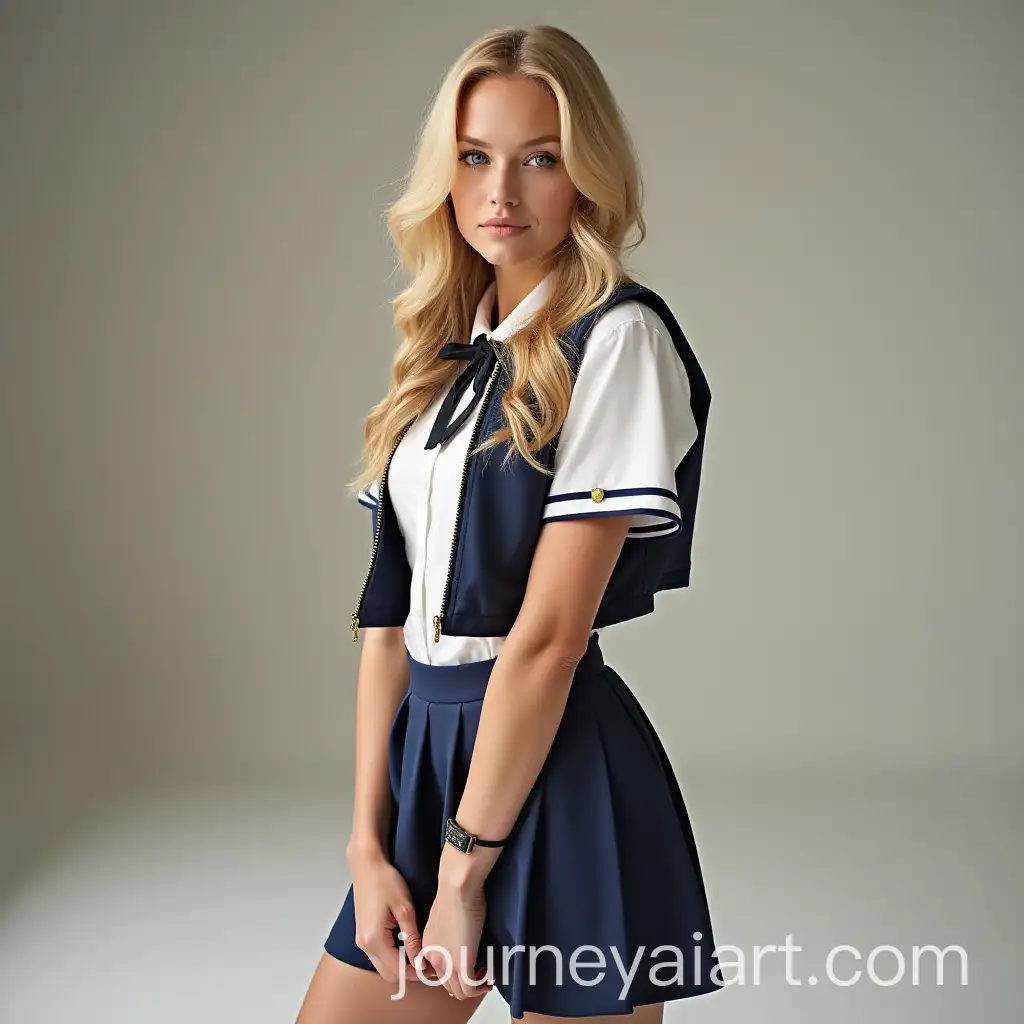 Blonde-Woman-in-School-Uniform-Poses-for-Packing-Tape-Project-Runway-Photoshoot