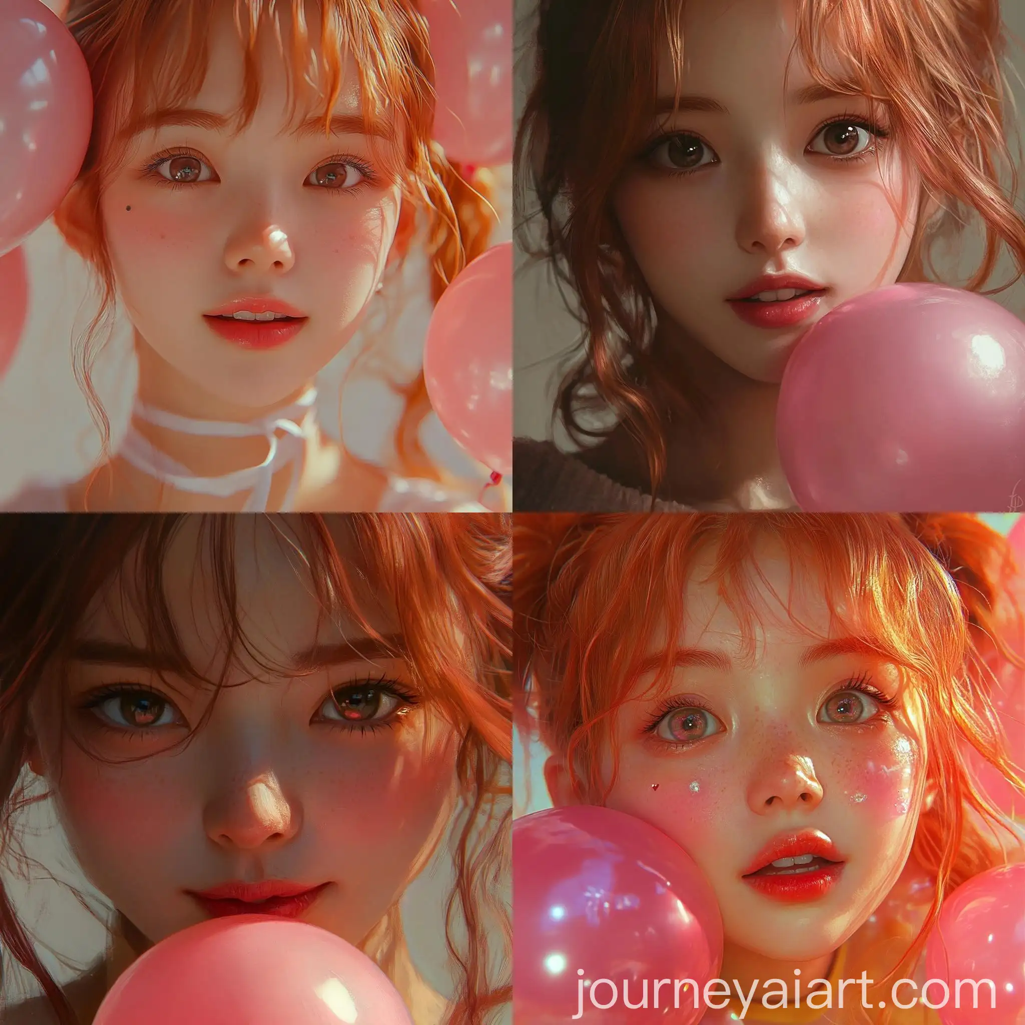 Cheerful-South-Korean-Girl-with-Wavy-Red-Hair-and-Pink-Balloon-Mask