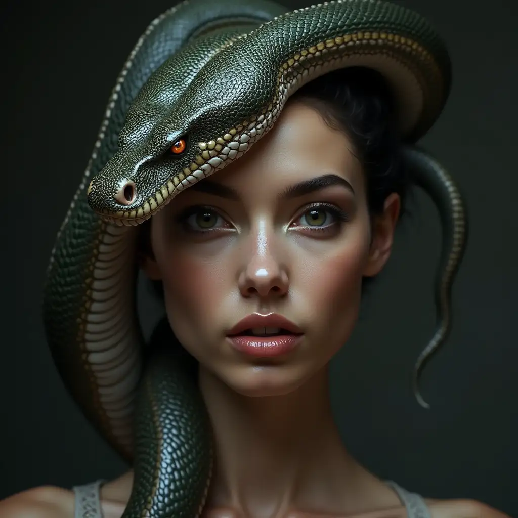 Ultradetailed hyperrealistic digital portrait of a woman with snake head with flawless attention to texture, surface and lighting, to create depth, dimension and a photorealistic appearance.