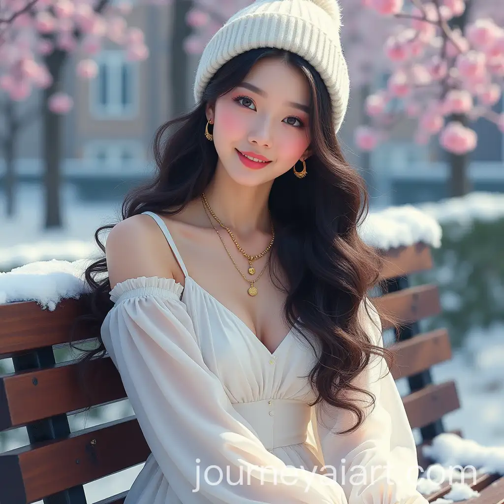 Beautiful-Korea-Model-in-SnowWhite-Dress-on-Park-Bench-with-Spring-Lights