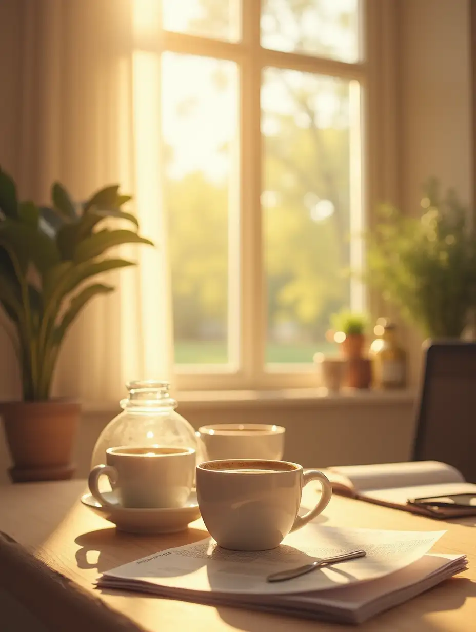 Office, coffee, morning, sunshine, soft colors