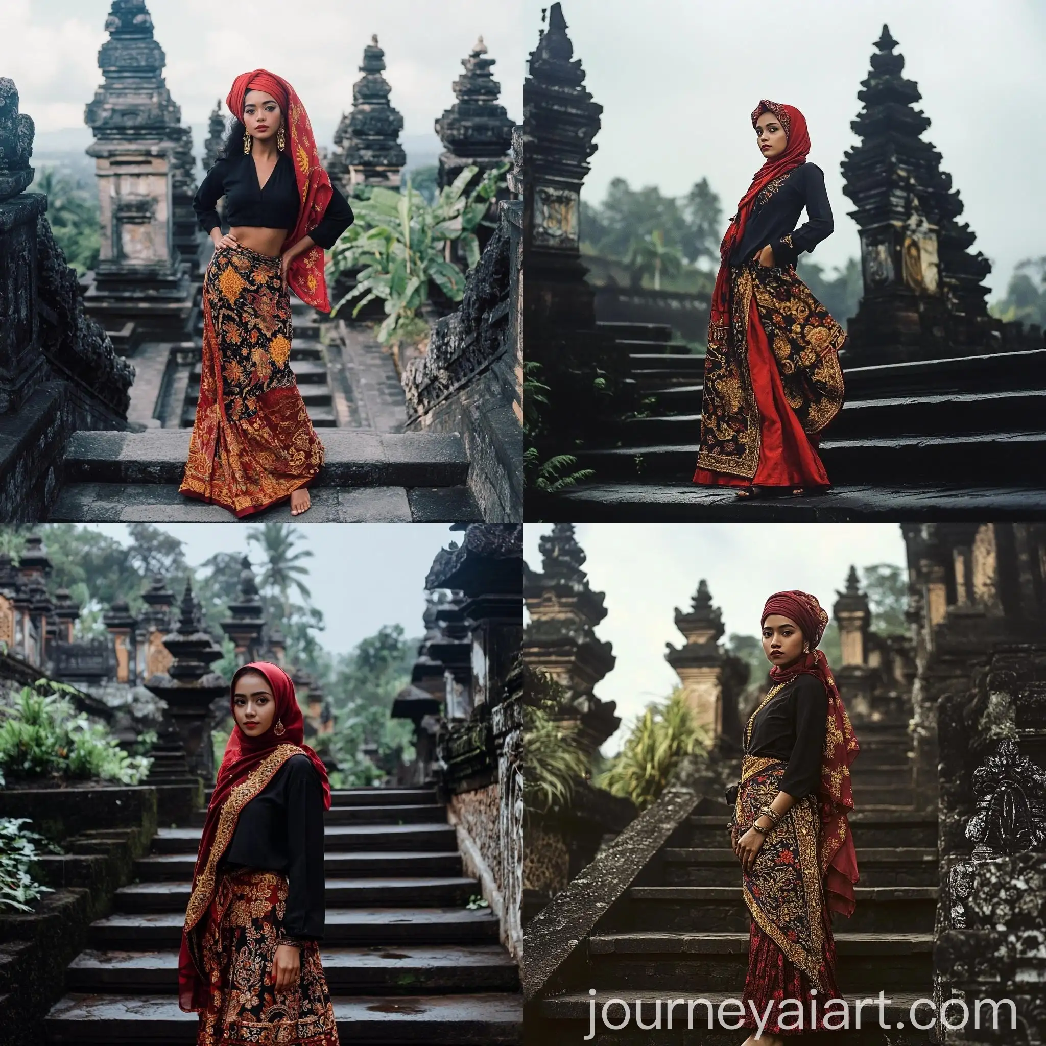 Traditional-Batik-Clothing-Woman-Poses-on-Stone-Steps