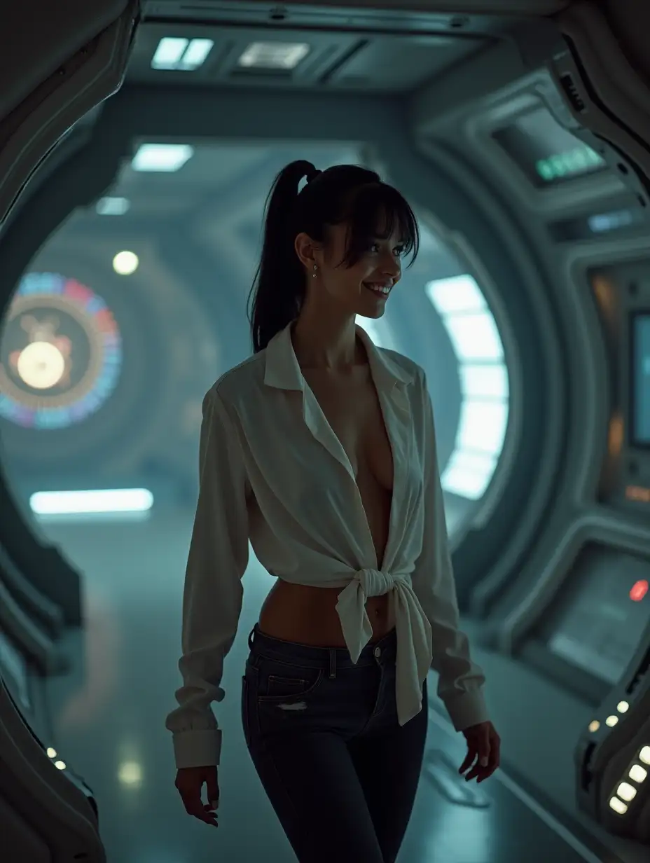 Smiling-Woman-with-Ponytail-in-Futuristic-Starship-Walking-Among-Advanced-Instruments