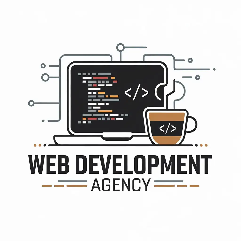 a vector logo design,with the text "Web Development Agency", main symbol:MacBook, language HTML, coffee,Moderate,be used in Technology industry,clear background