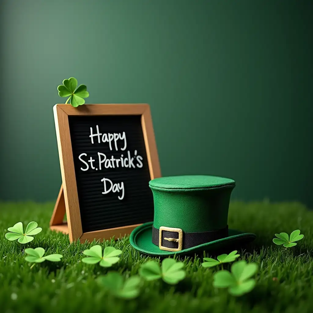 On St. Patrick's Day, a small blackboard is leaning against the wall with the words 'Happy St. Patrick's Day' written on it. On the ground is a green lawn with a St. Patrick's Day hat placed on it. There are several four leaf clover patches on the ground and hat,