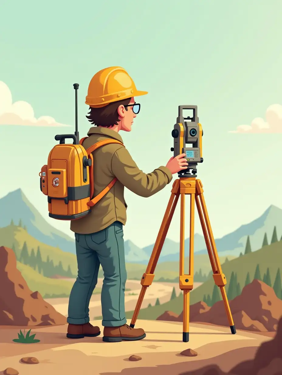 Create me a surveyor with a back back standing with a tripod stand and total station with earth moving equipment and the Name Lano survey at the back ground Cartoon image