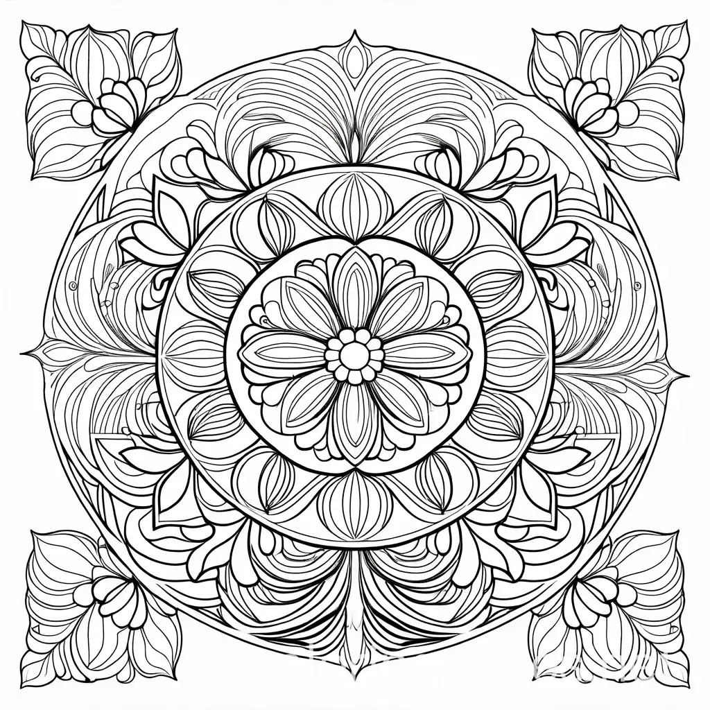 mandala with flowers, Coloring Page, black and white, line art, white background, Simplicity, Ample White Space. The background of the coloring page is plain white to make it easy for young children to color within the lines. The outlines of all the subjects are easy to distinguish, making it simple for kids to color without too much difficulty