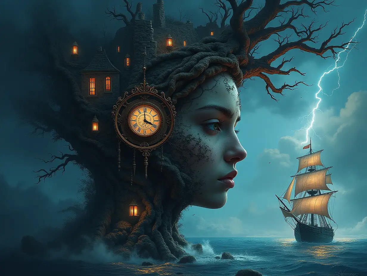 Creating a Digital painting face with rope hair transforms into building with stones and lighting trees with roots and rocks and lantern by the sea,with big hand clock sailboat with lanterns and a huge octopus very large waves and lightning strange creatures